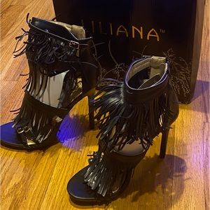 Liliana leatherette open toe fringe stiletto heel sandal